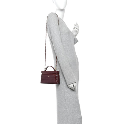 Chanel Calfskin Crocodile Embossed Crococo Top Handle Slim Vanity Case With Chain Dark Burgundy 2 of 11