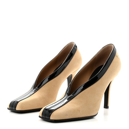 Chanel Suede Patent Calfskin Pumps 38 Beige Black 3 of 13