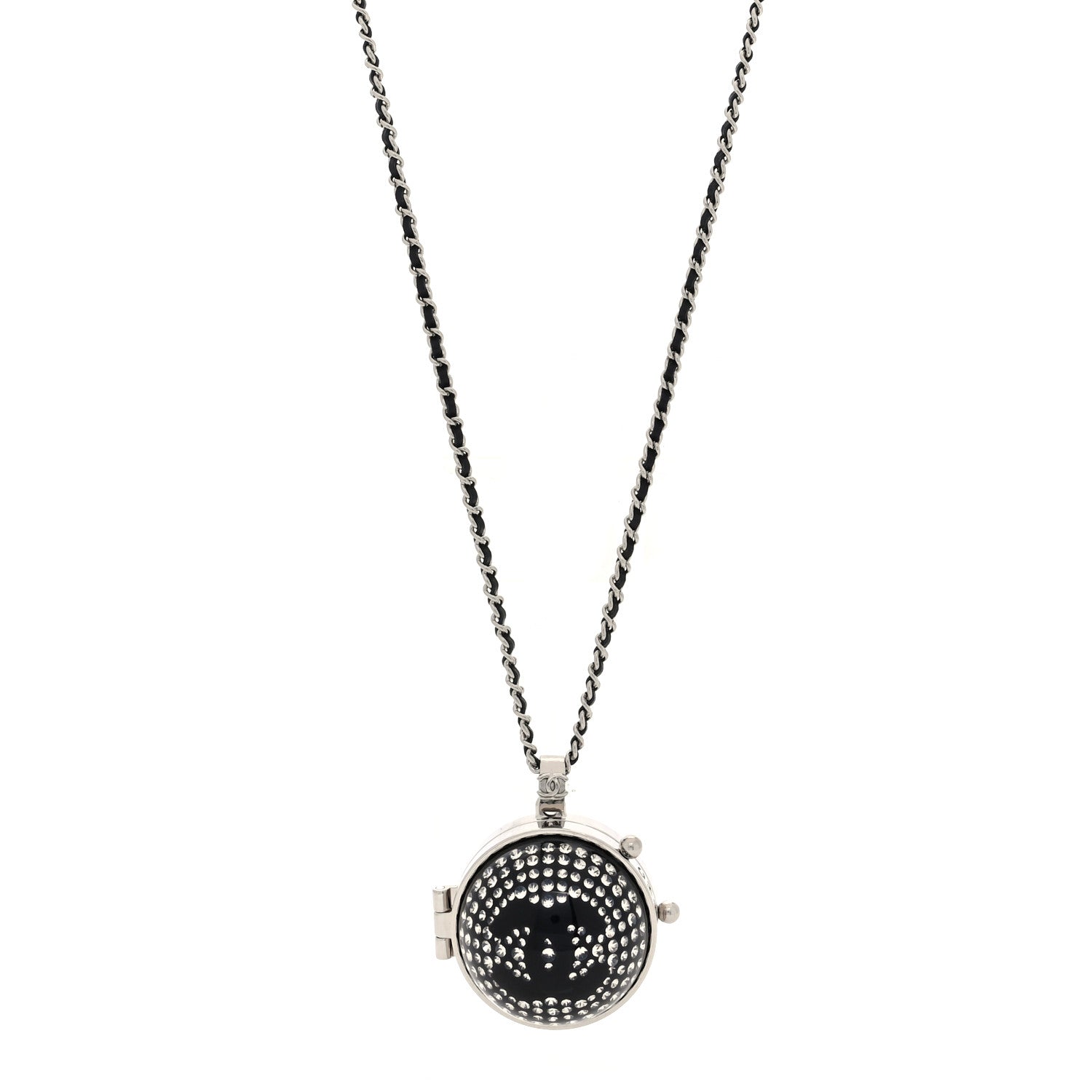 CHANEL ブラック ミラー Chanel Resin Crystal Lambskin Ball Mirror Necklace Black Silver