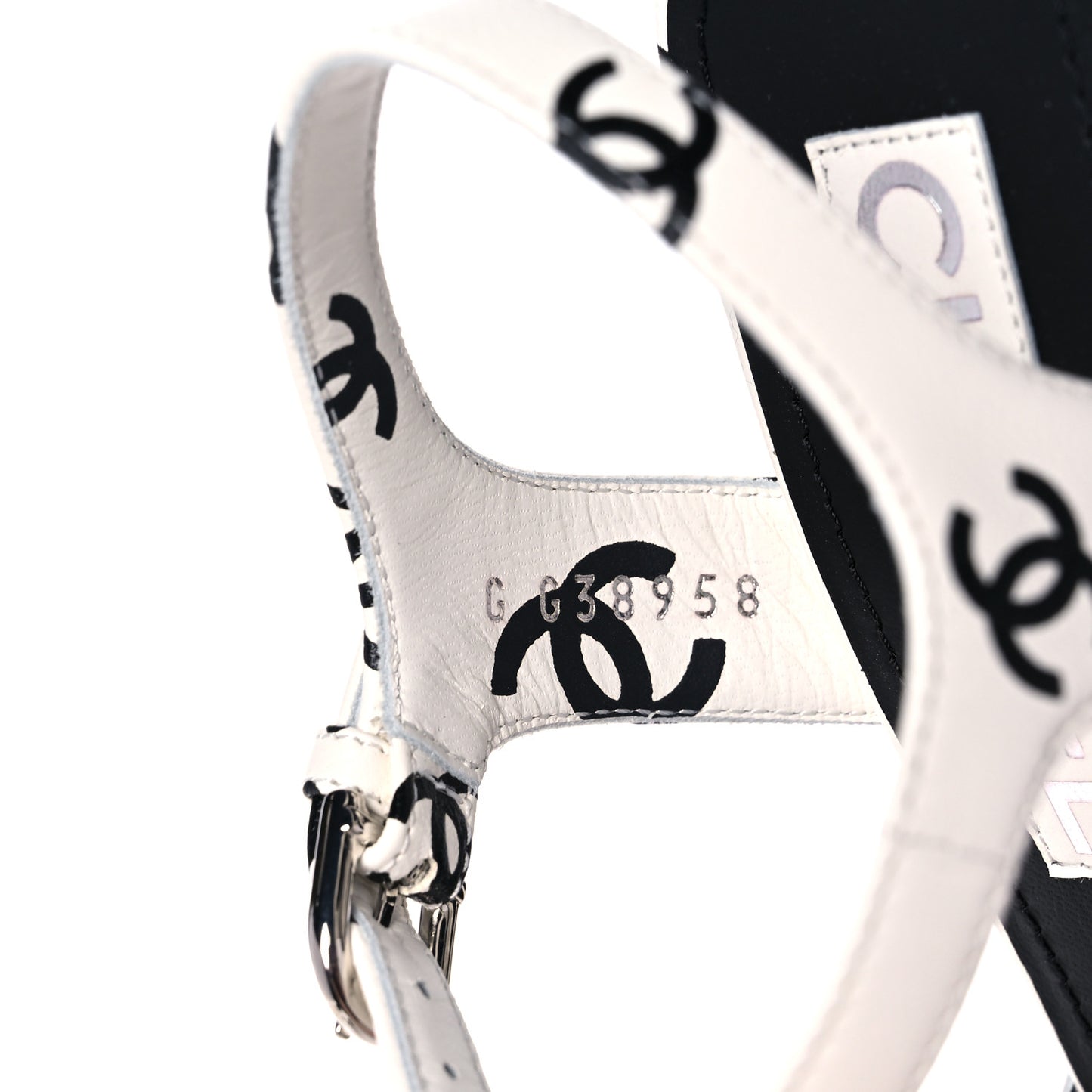Printed Lambskin CC Platform Sandals 35 White Black