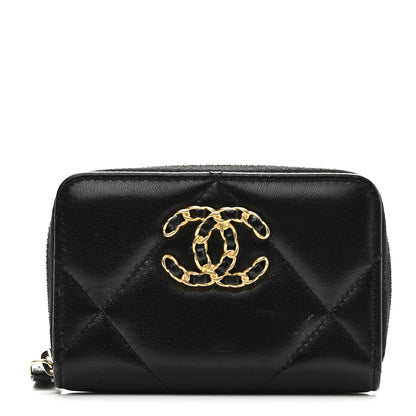 Chanel Lambskin Quilted Chanel 19 Zip Around Coin Purse Wallet Black 1 of 9