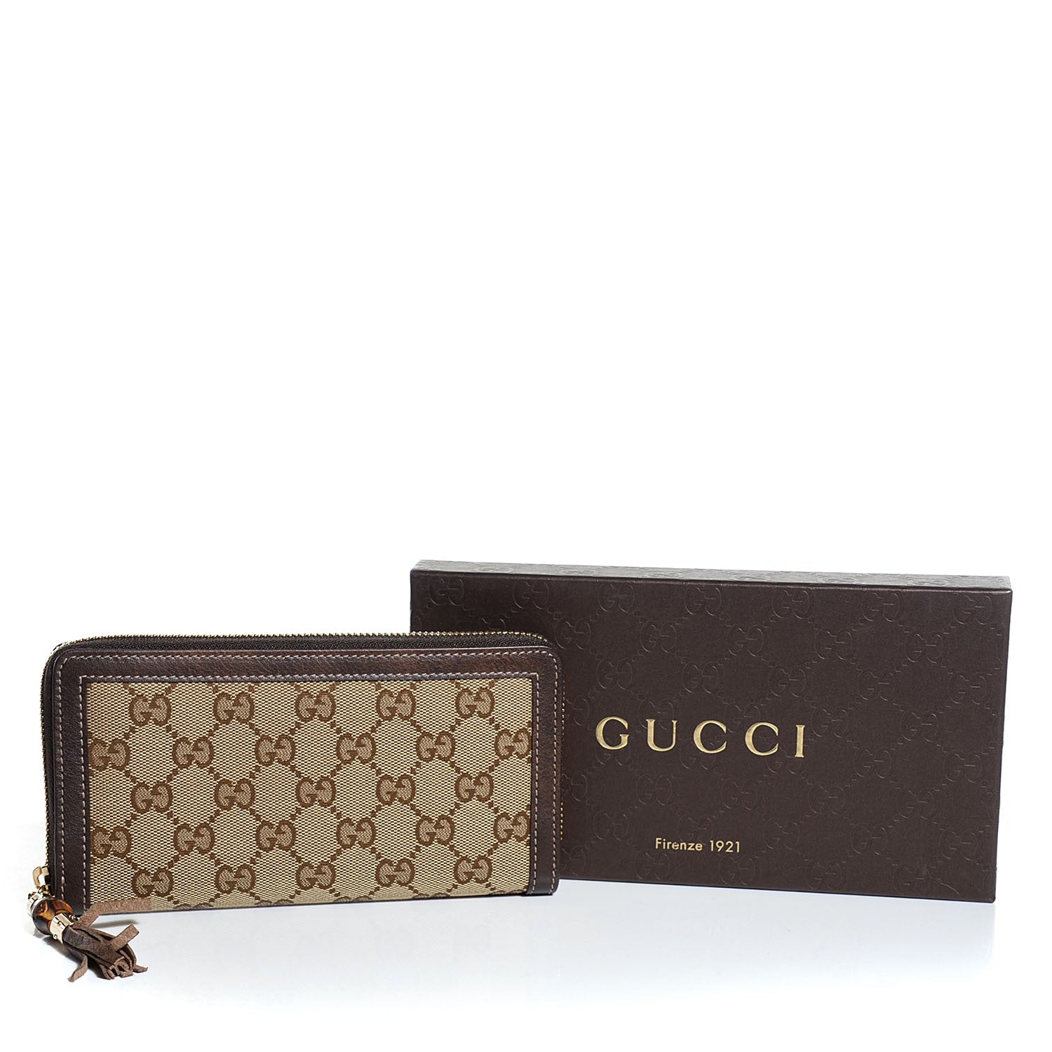 Gucci Monogram Calfskin Bamboo Tassel Zip Around Wallet Beige Ebony Chocolate 5 of 8