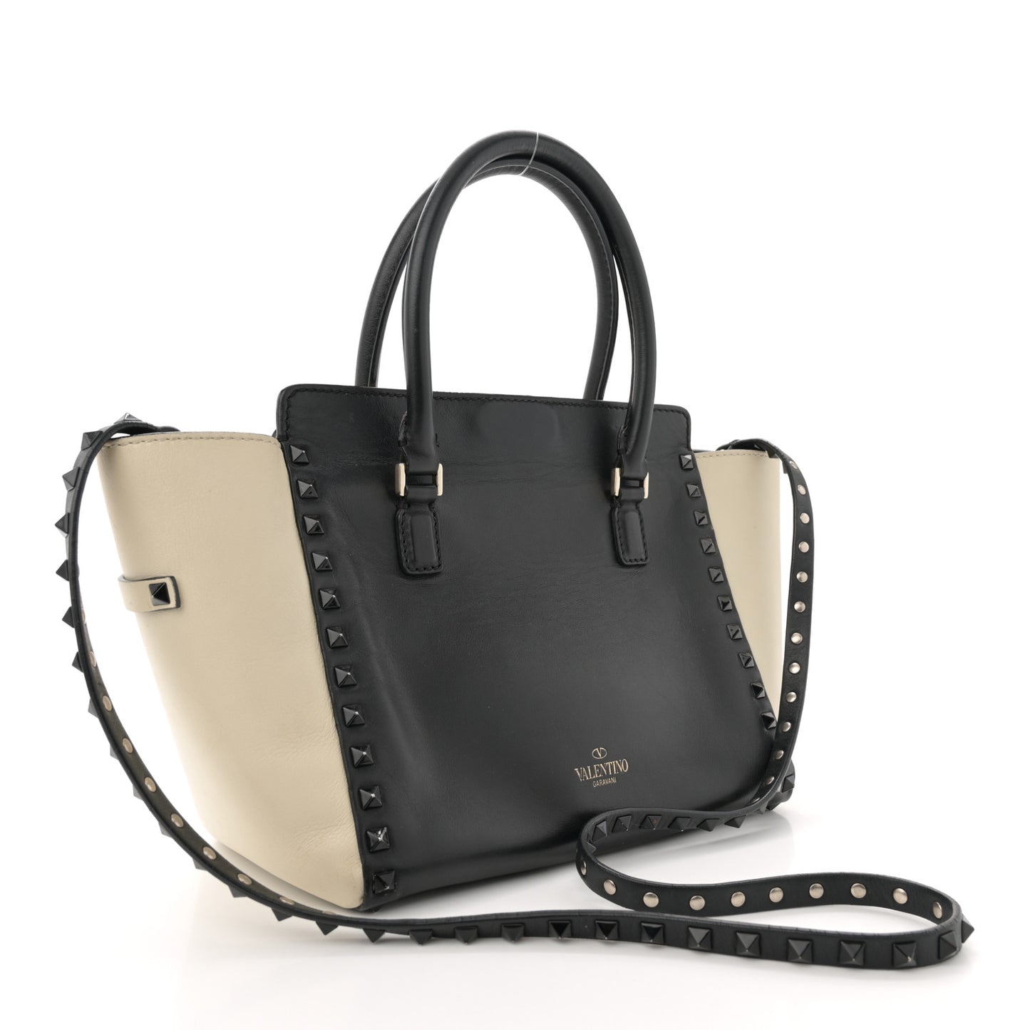 Vitello Bi-Color Small Rockstud Double Handle Tote Ivory Black