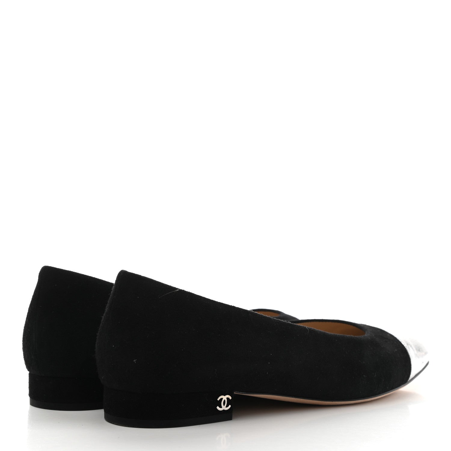 Chanel Kid Suede Metallic Lambskin Cap Toe Ballerina Flats 38.5 Silver Black 4 of 9