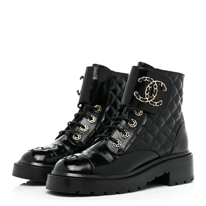 Chanel Shiny Calfskin Quilted Lace Up Combat Boots 36 Black 3 of 10