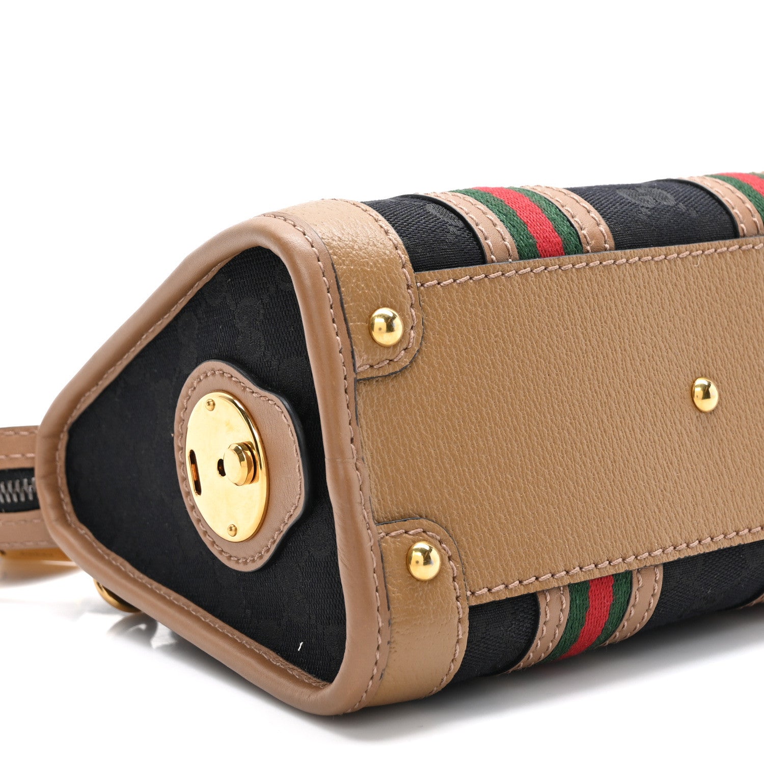 Gucci Monogram Textured Dollar Calfskin Web Mini Bauletto Duffle Top Handle Bag Black Koi Beige 10 of 11