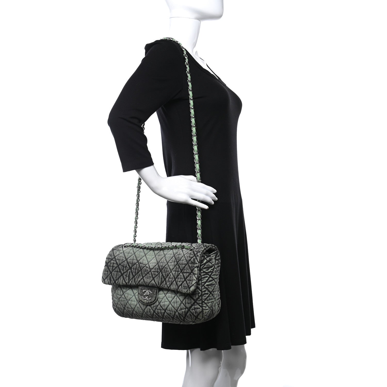 Chanel Denim Quilted Denimpression Flap Green Black 2 of 9