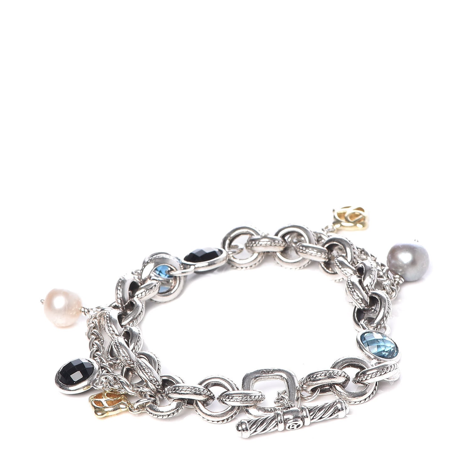 Sterling Silver 18K Yellow Gold Blue Topaz Pearl Black Onyx Old World Charm Bracelet