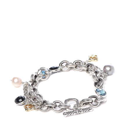David Yurman Sterling Silver 18K Yellow Gold Blue Topaz Pearl Black Onyx Old World Charm Bracelet 3 of 5