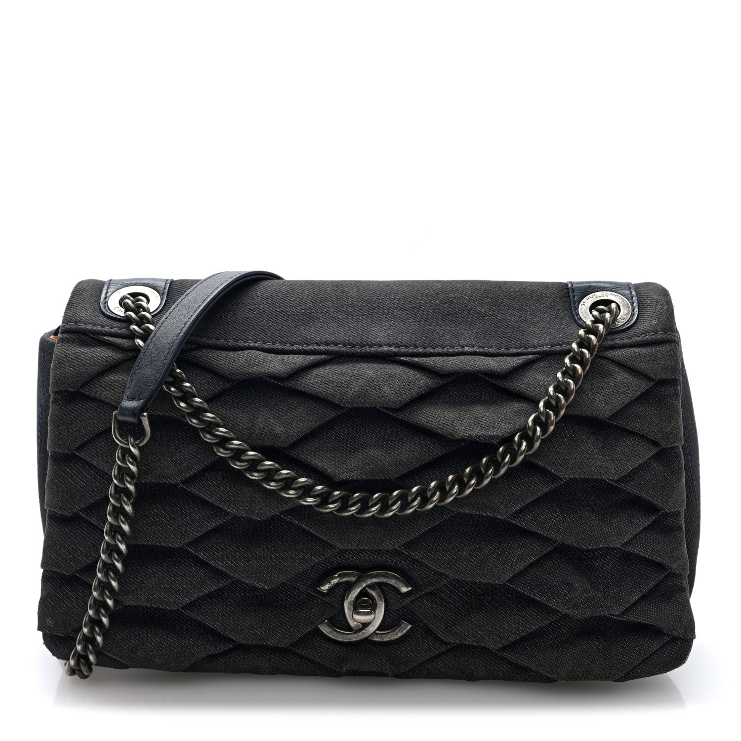 Chanel Denim Pleated Denim Turtle Flap Dark Blue 1 of 11
