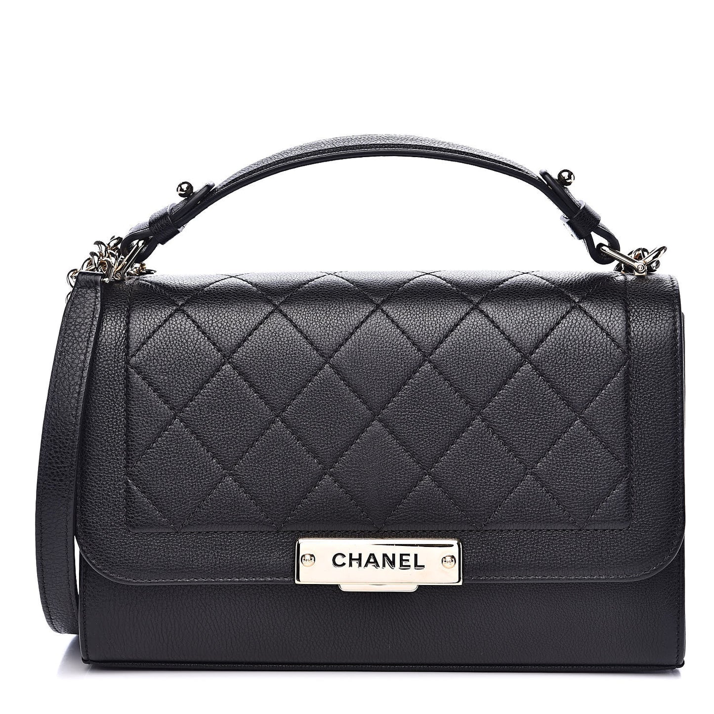 Grained Calfskin Quilted Medium Label Click Flap Bag Black