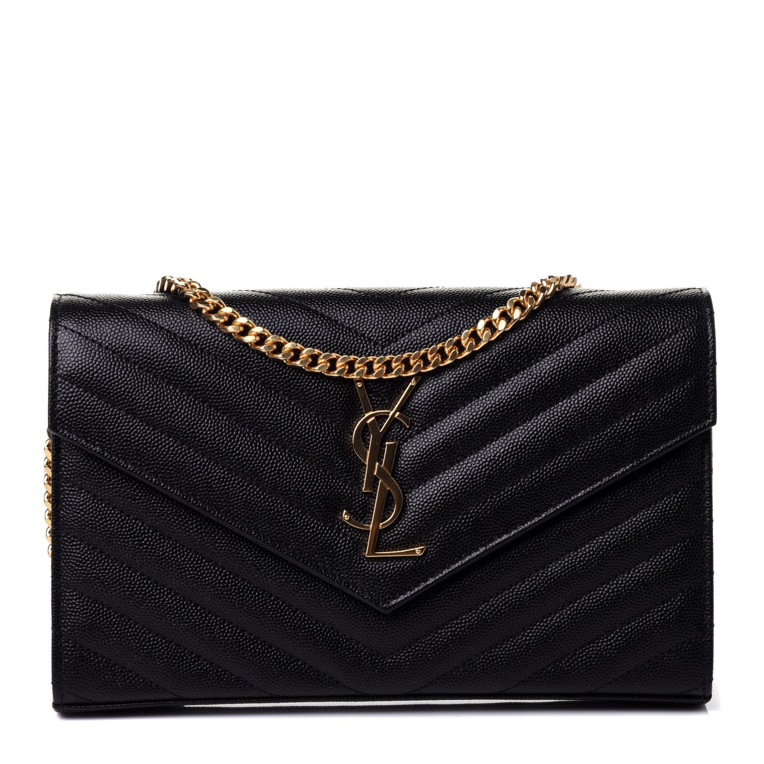 Saint Laurent Grain De Poudre Matelasse Chevron Monogram Chain Wallet Black 1 of 4