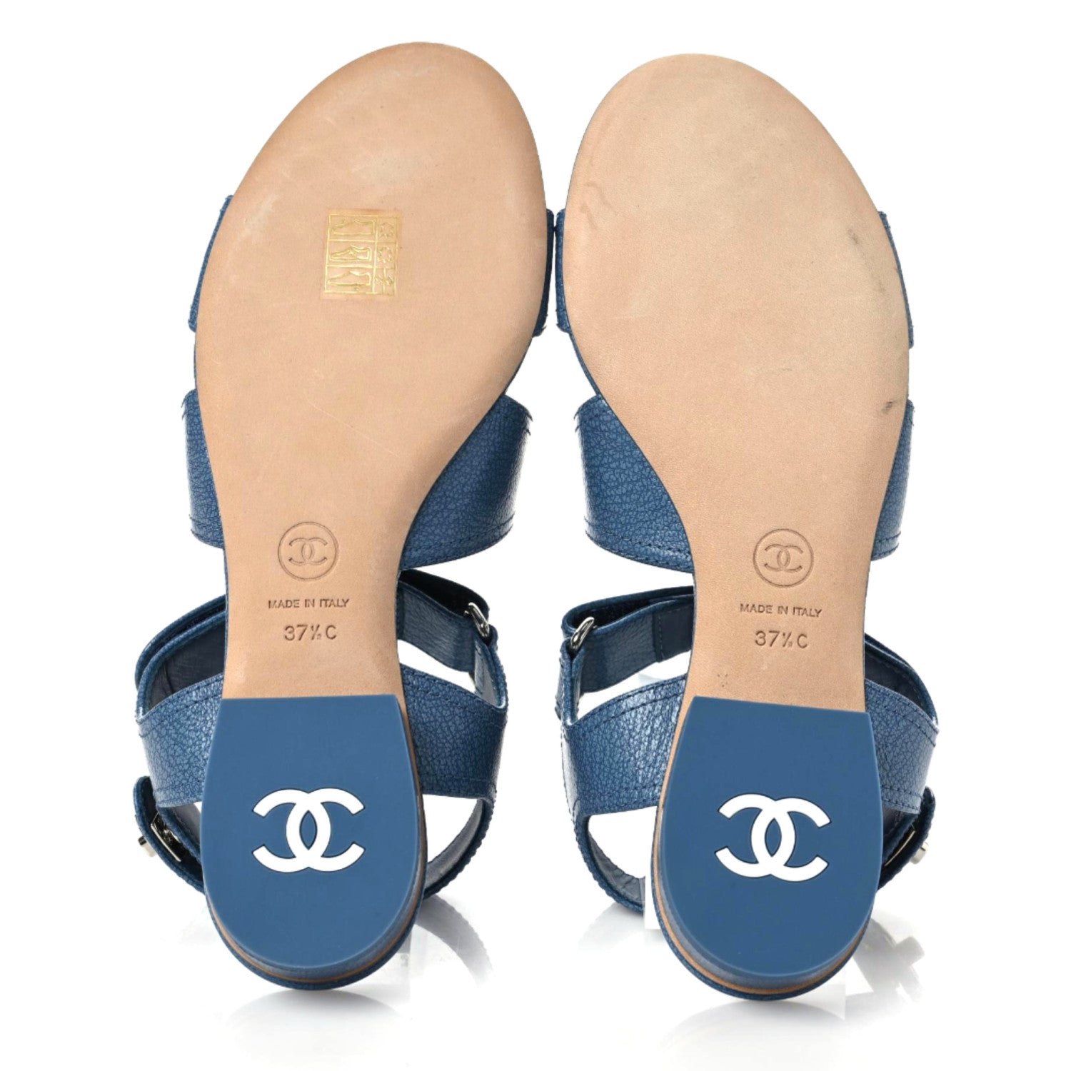Chanel Iridescent Calfskin Logo CC Turnlock Sandals 37.5 Blue 7 of 10