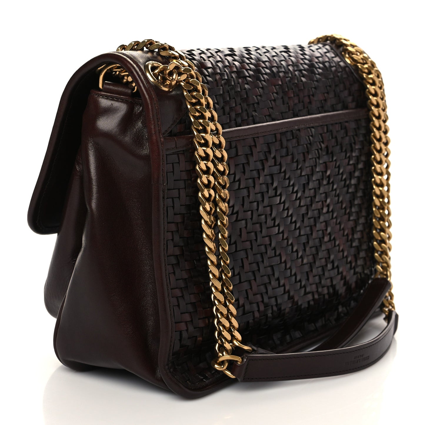 Calfskin Woven Monogram Medium Niki Chain Satchel Burnt Brown