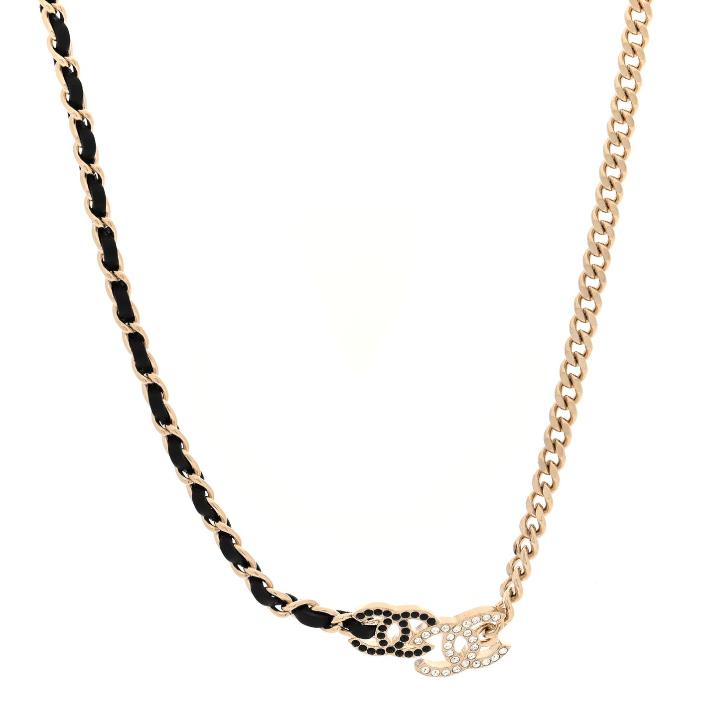 Metal Calfskin Crystal Double CC Short Necklace Black Gold