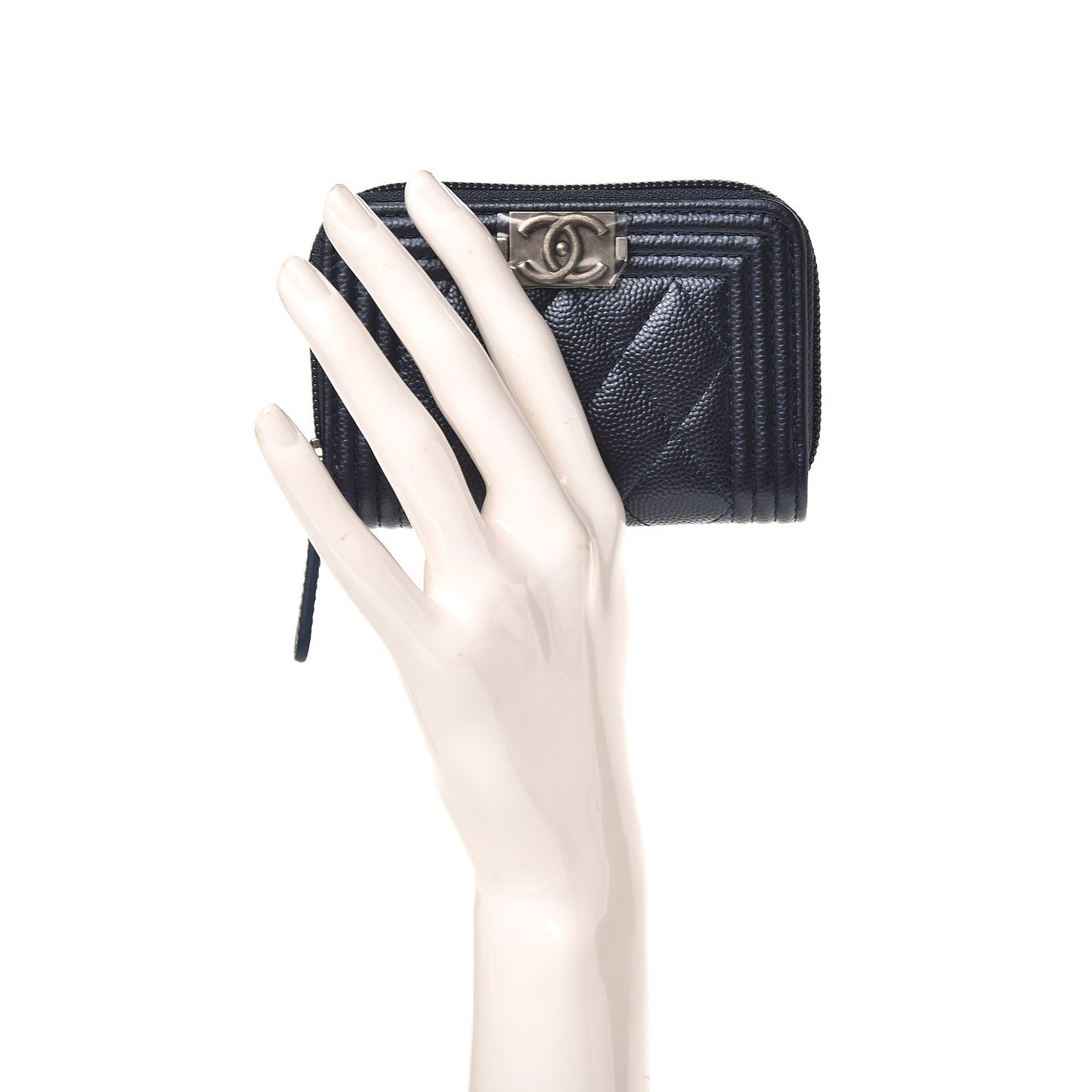 Metallic Caviar Quilted Boy Zip Around Coin Purse Wallet Navy