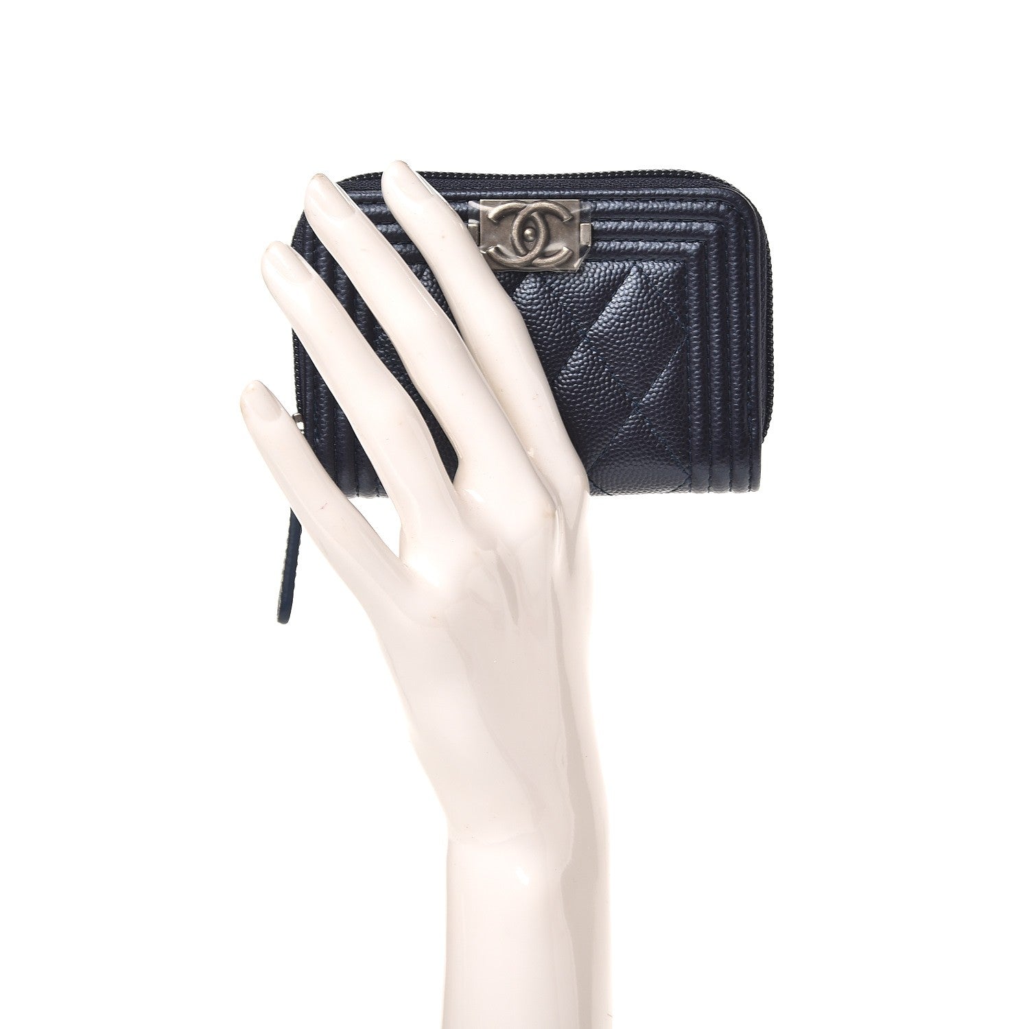 Chanel Metallic Caviar Quilted Boy Zip Around Coin Purse Wallet Navy 2 of 8