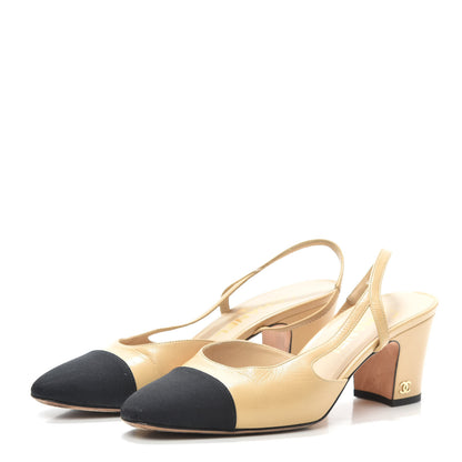 Chanel Goatskin Grosgrain Cap Toe CC Slingback Pumps 37.5 Beige Black 3 of 7