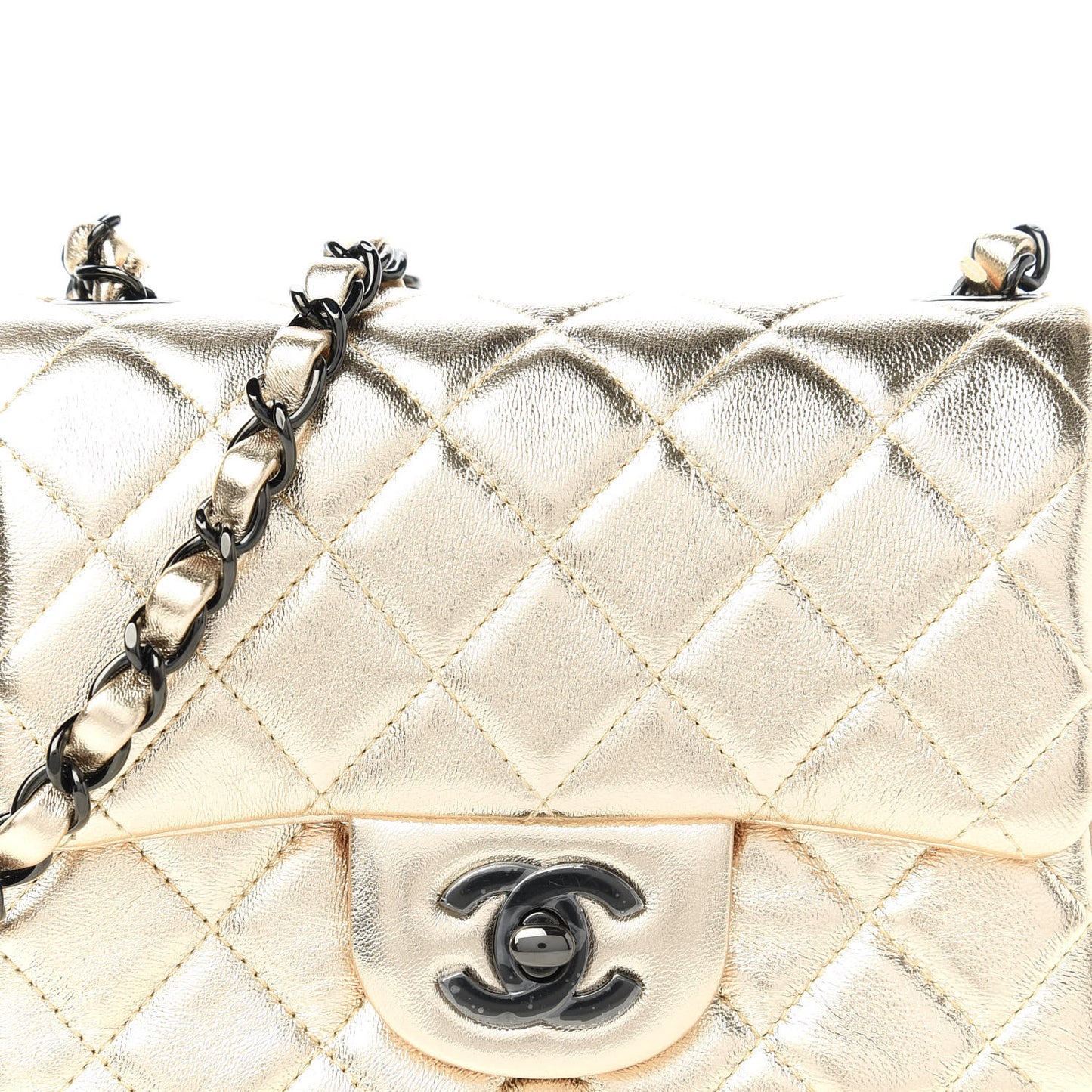 Metallic Lambskin Quilted Mini Square Flap Gold Black
