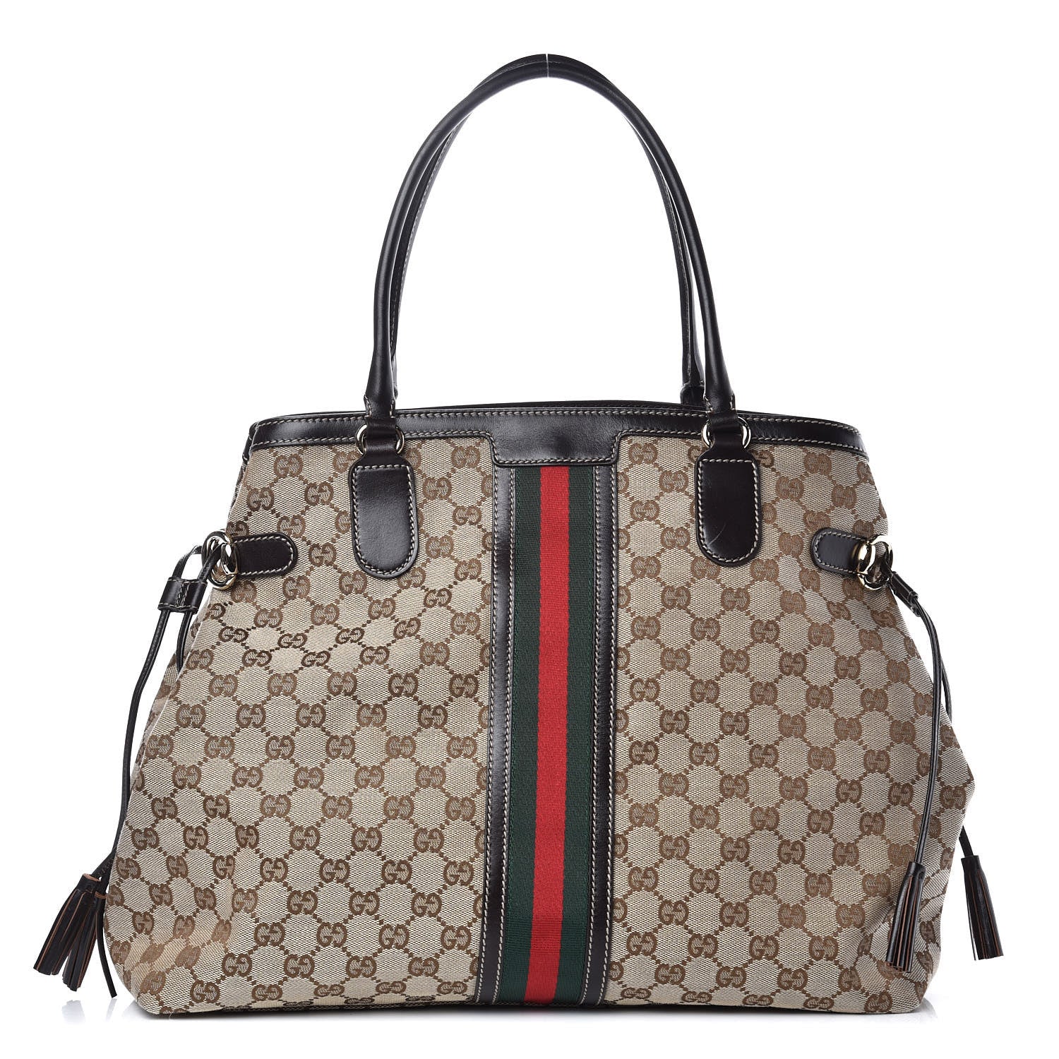 Gucci Monogram Vintage Web Large Tassel Tote Brown 1 of 11