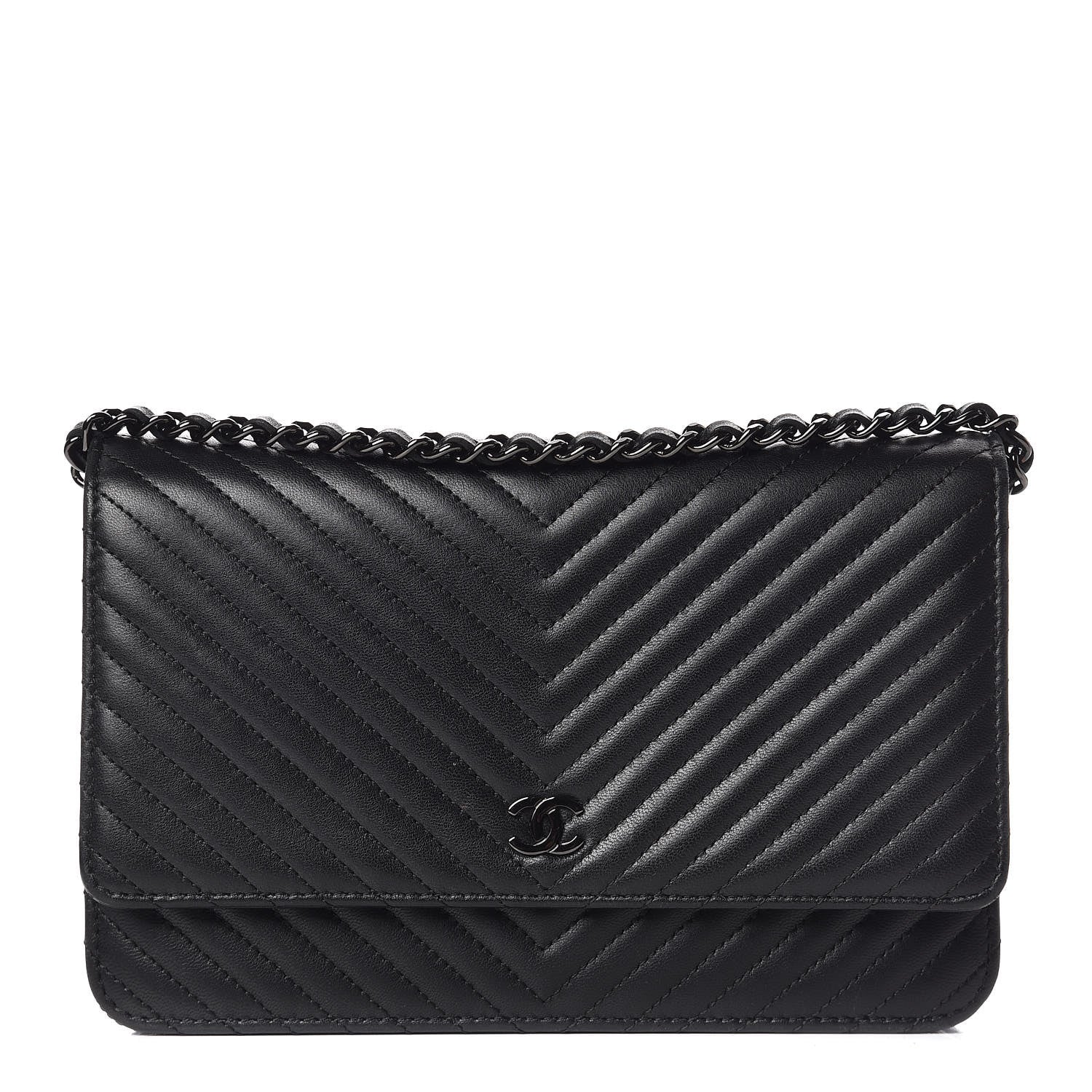 Chanel Lambskin Chevron Quilted Wallet On Chain WOC So Black 1 of 17