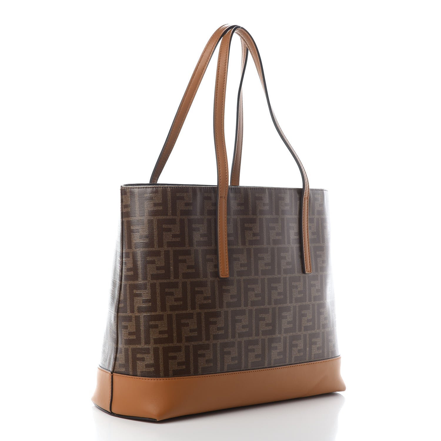 Fendi Glazed Fabric Vitello Century FF 1974 Stamp Patch Shopping Tote Mogano Panna Caramello 3 of 9