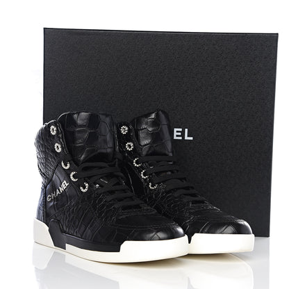 Chanel Calfskin Crocodile Embossed Cocodile High Top Sneakers 39 Black 10 of 10