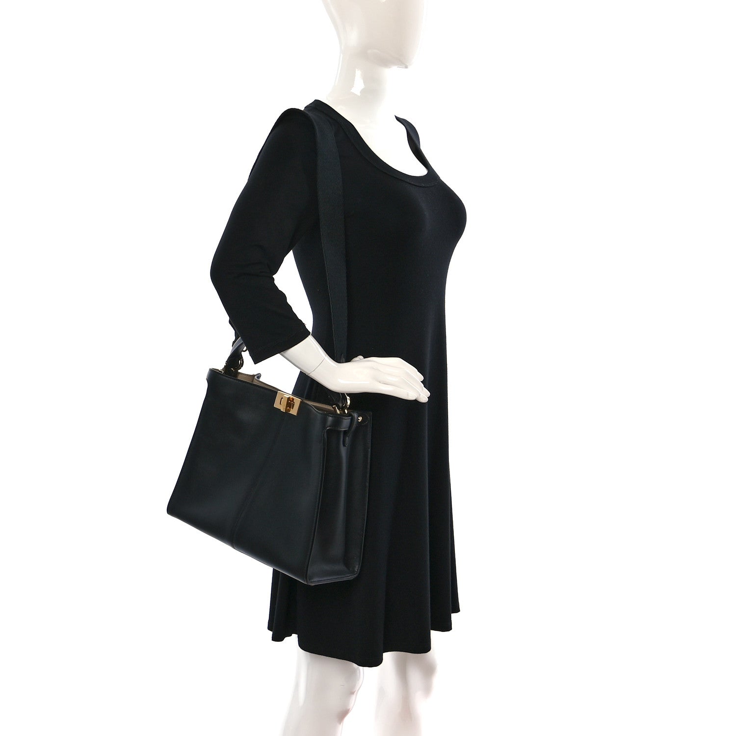Fendi Vitello Seta Glazed Fabric FF 1974 Medium Peekaboo X-Lite Black Mogano Panna 2 of 8