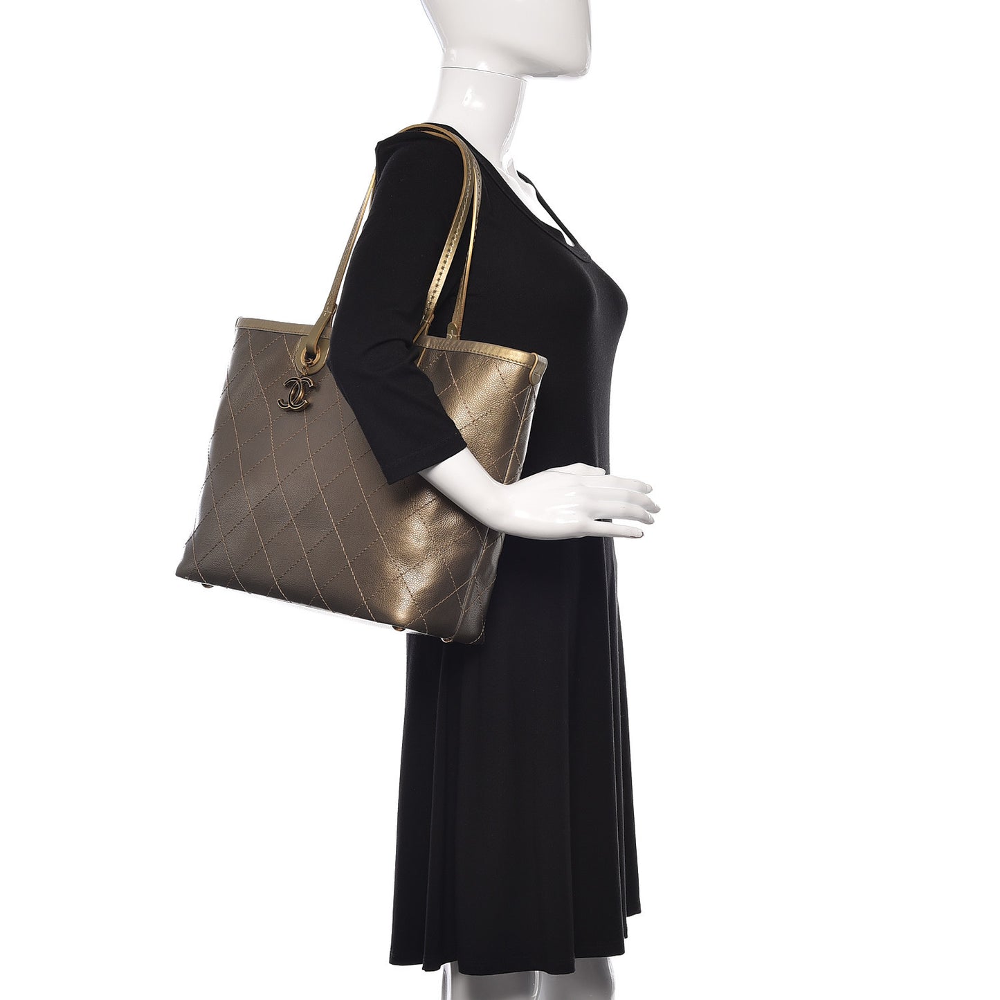 Grained Calfskin Large Shopping Fever Tote Gold