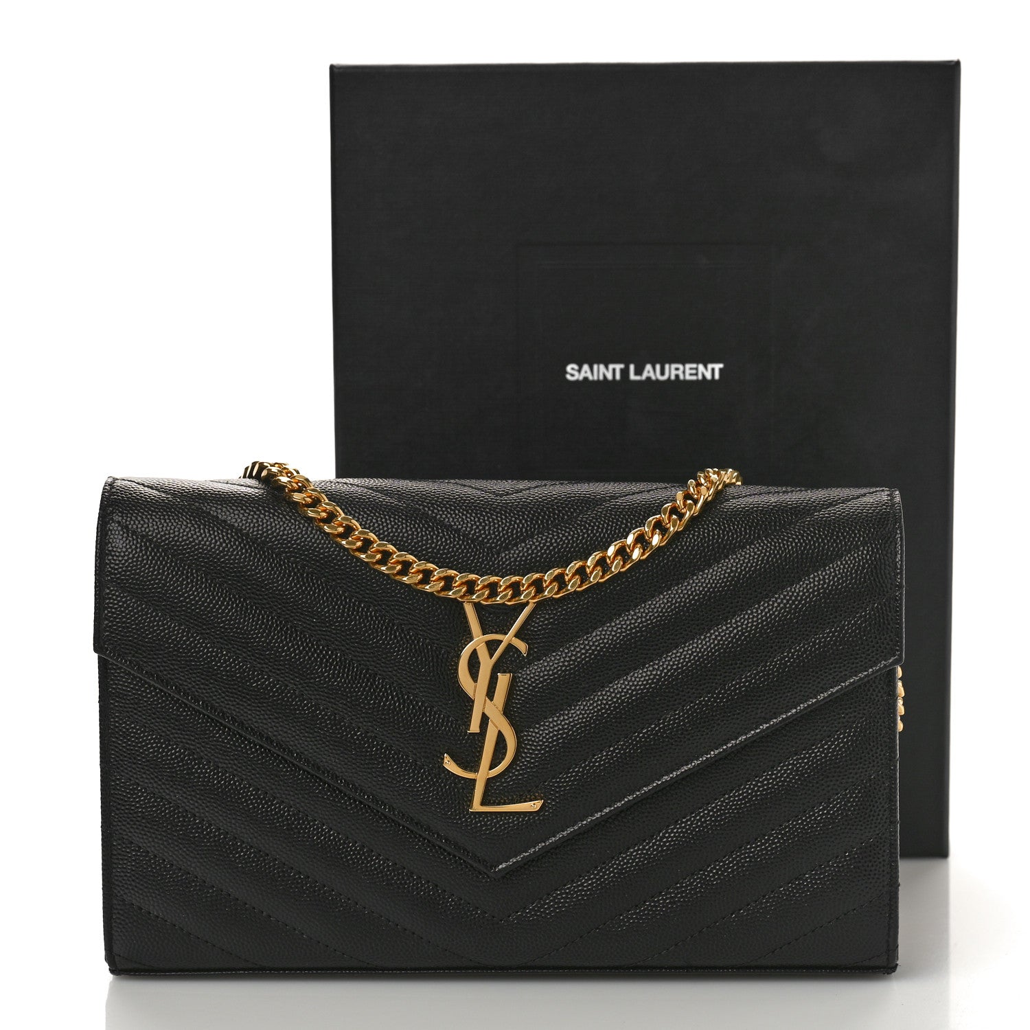 Saint Laurent Grain De Poudre Matelasse Chevron Monogram Chain Wallet Black 9 of 9