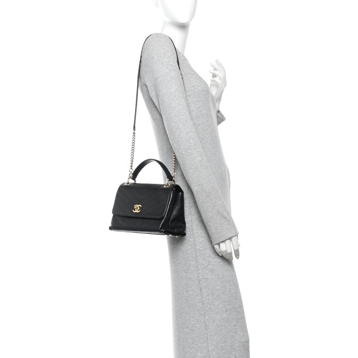 Grained Calfskin Small Chevron Chic Top Handle Flap Black