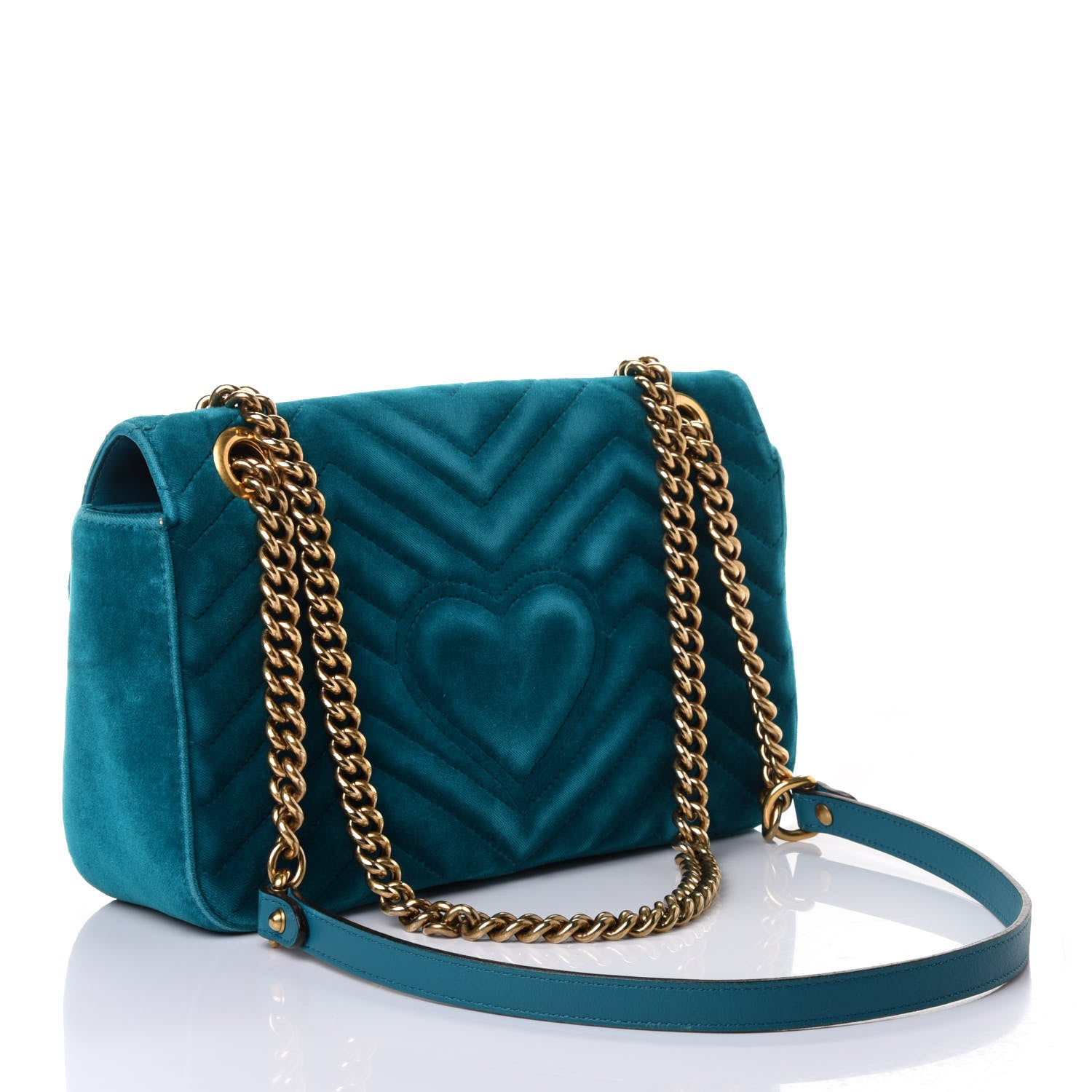 Gucci Velvet Matelasse Small GG Marmont Shoulder Bag Pavone Cyan 2 of 4
