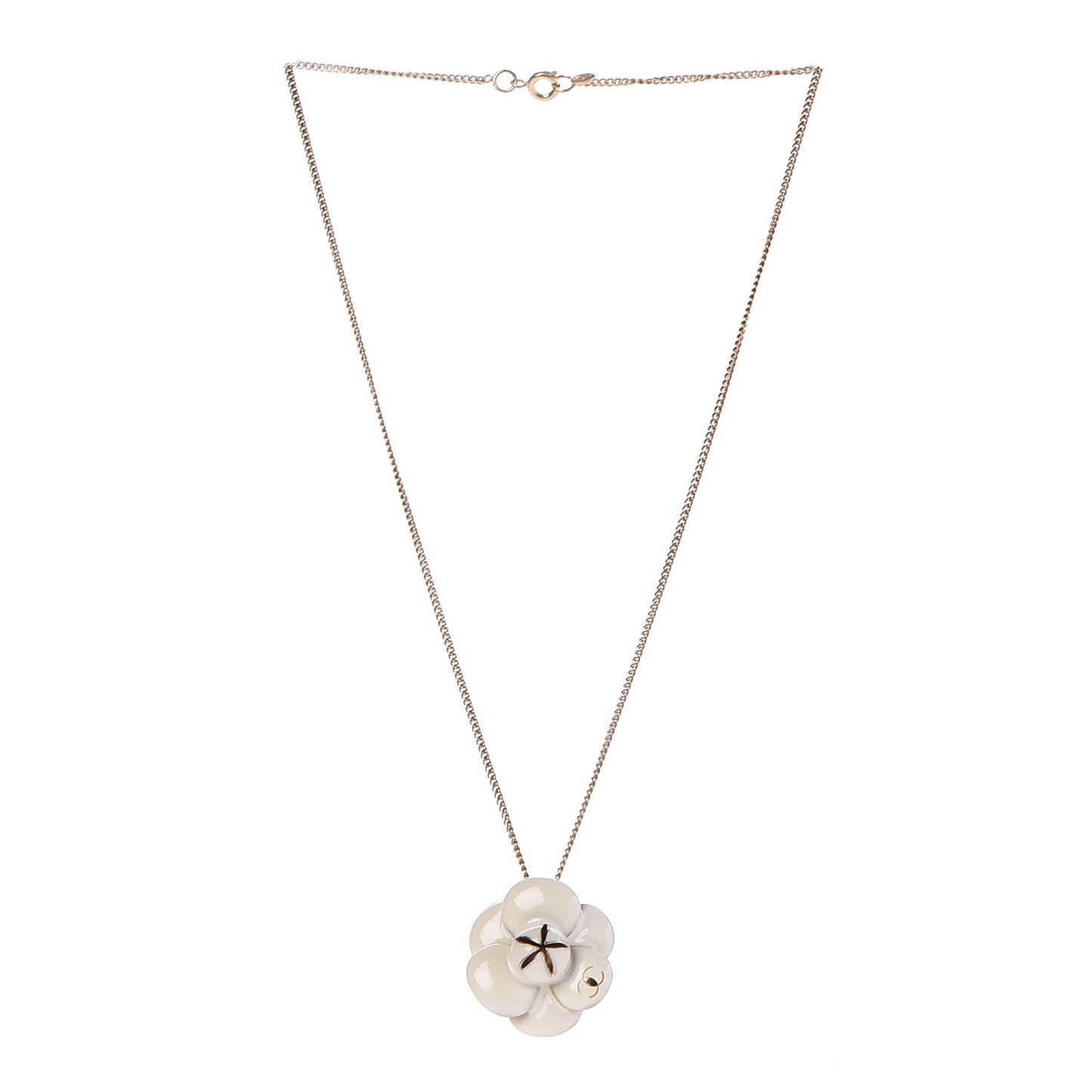 Enamel CC Camellia Pendant Necklace Gold White