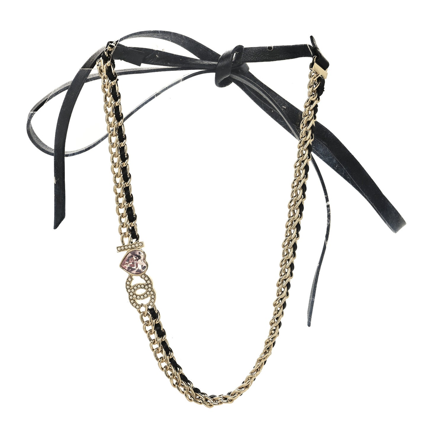 Metal Lambskin Crystal I Heart CC Choker Necklace Gold Black