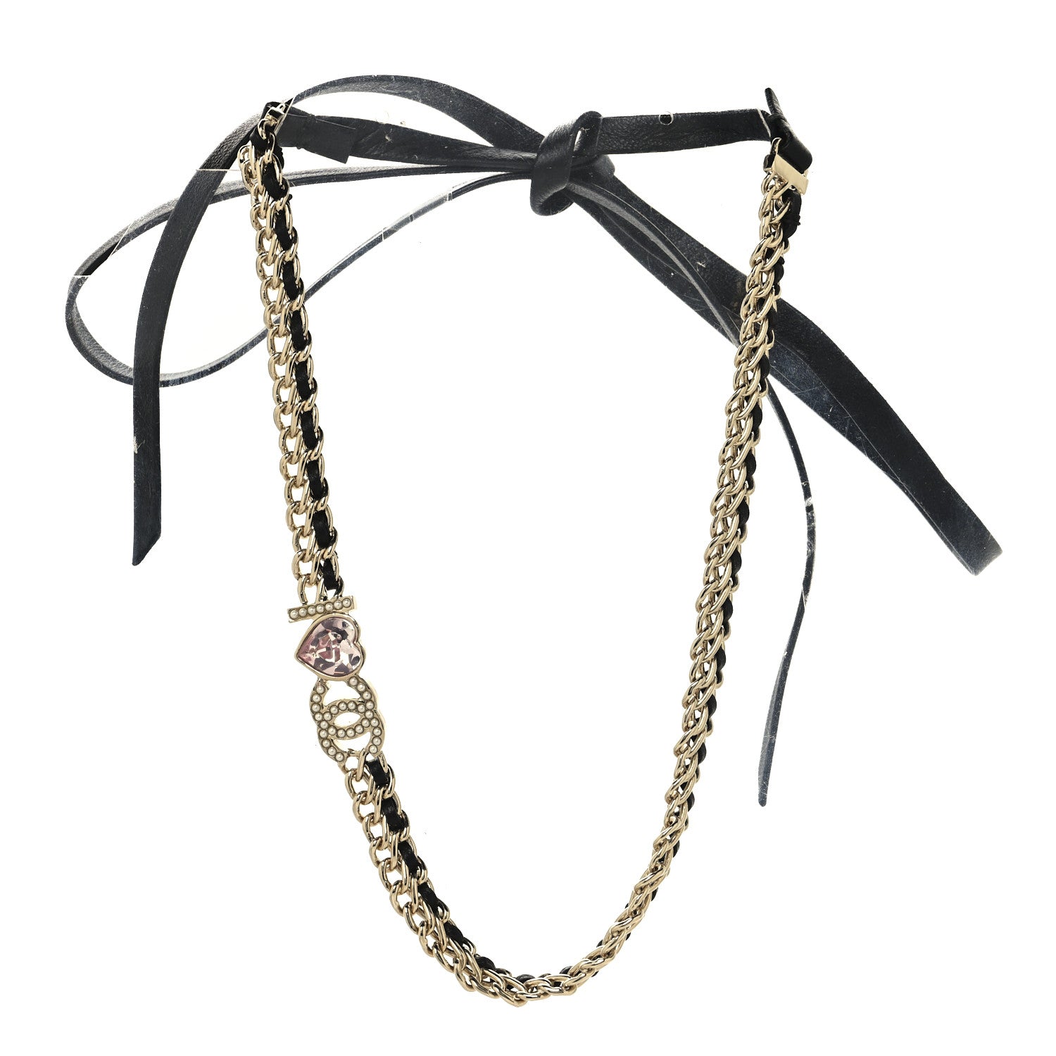 Chanel Metal Lambskin Crystal I Heart CC Choker Necklace Gold Black 3 of 4