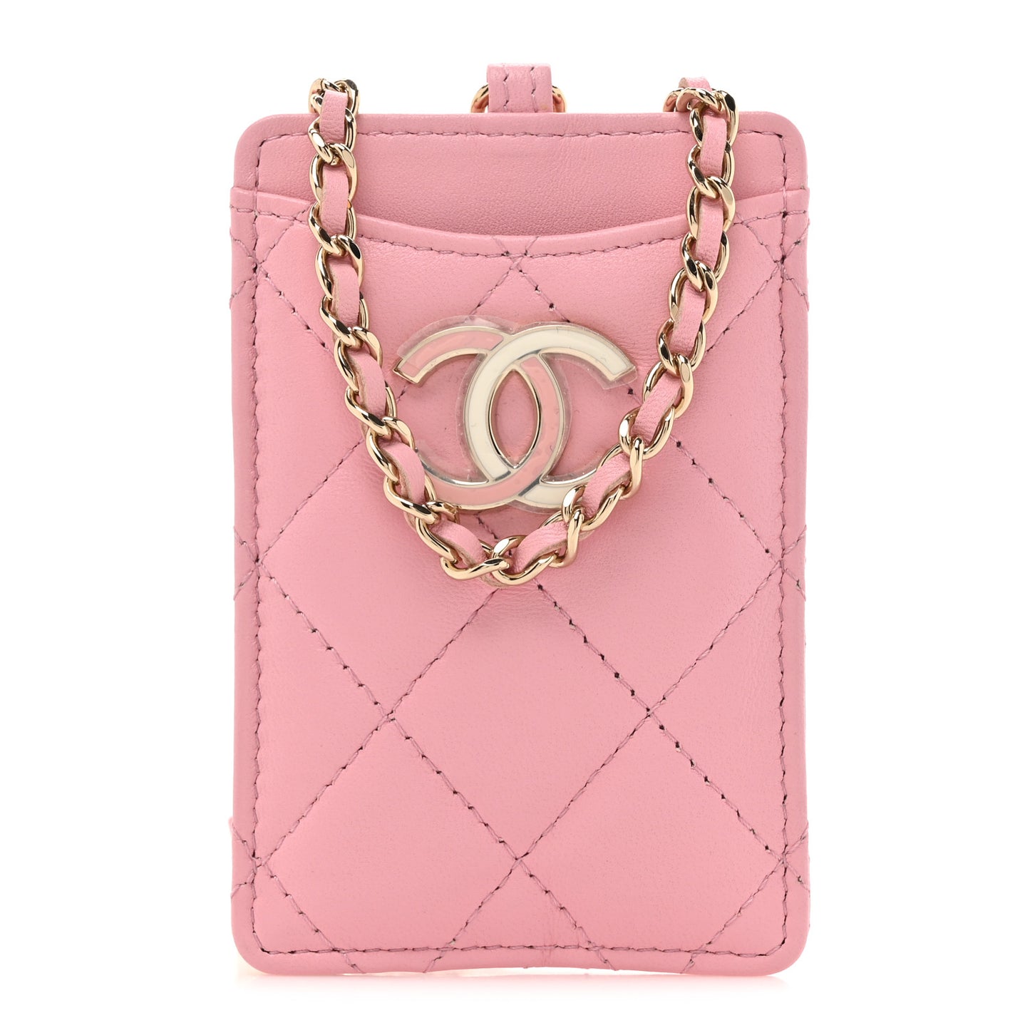 Lambskin Quilted Chanel Card Holder On Chain Pink