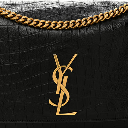 Saint Laurent Calfskin Crocodile Embossed Suede Medium Reversible Monogram Kate Satchel Military Taupe 11 of 16
