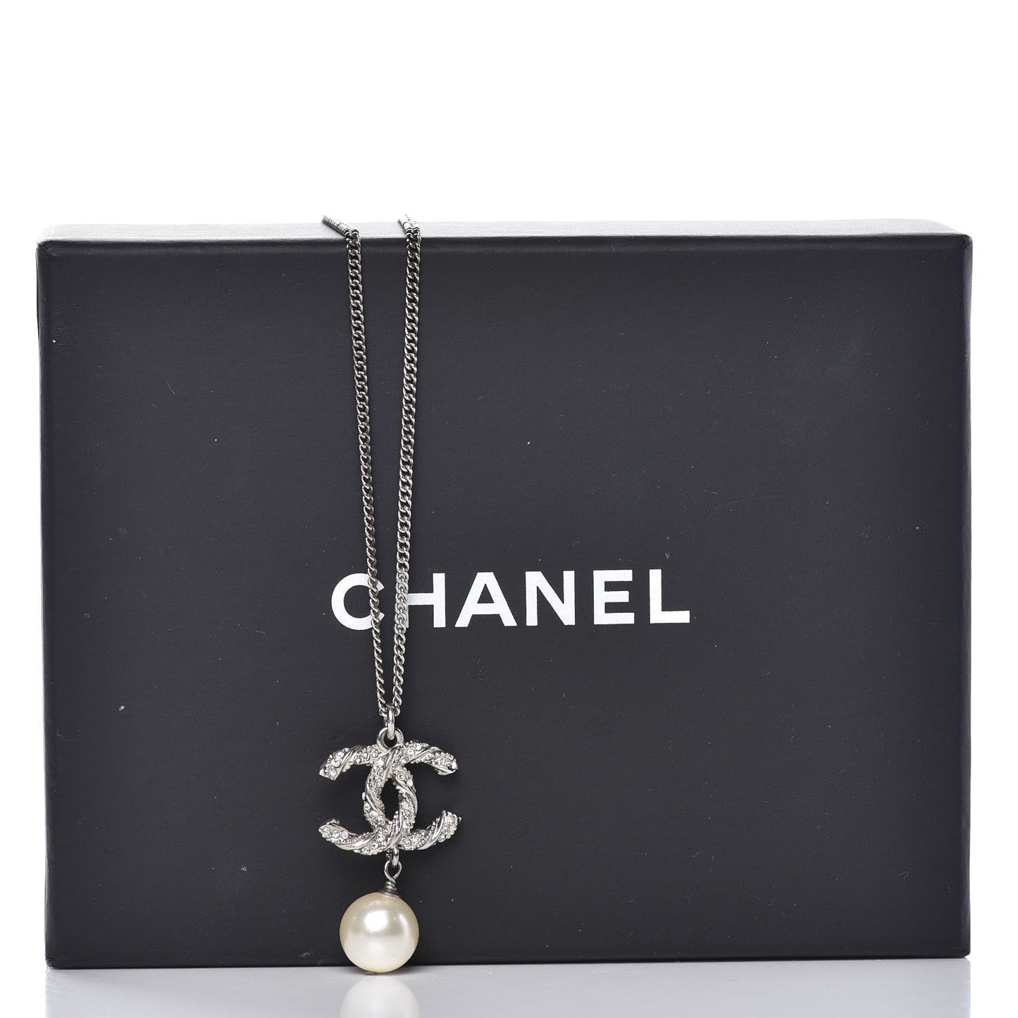 Pearl Crystal Twisted CC Drop Necklace Silver