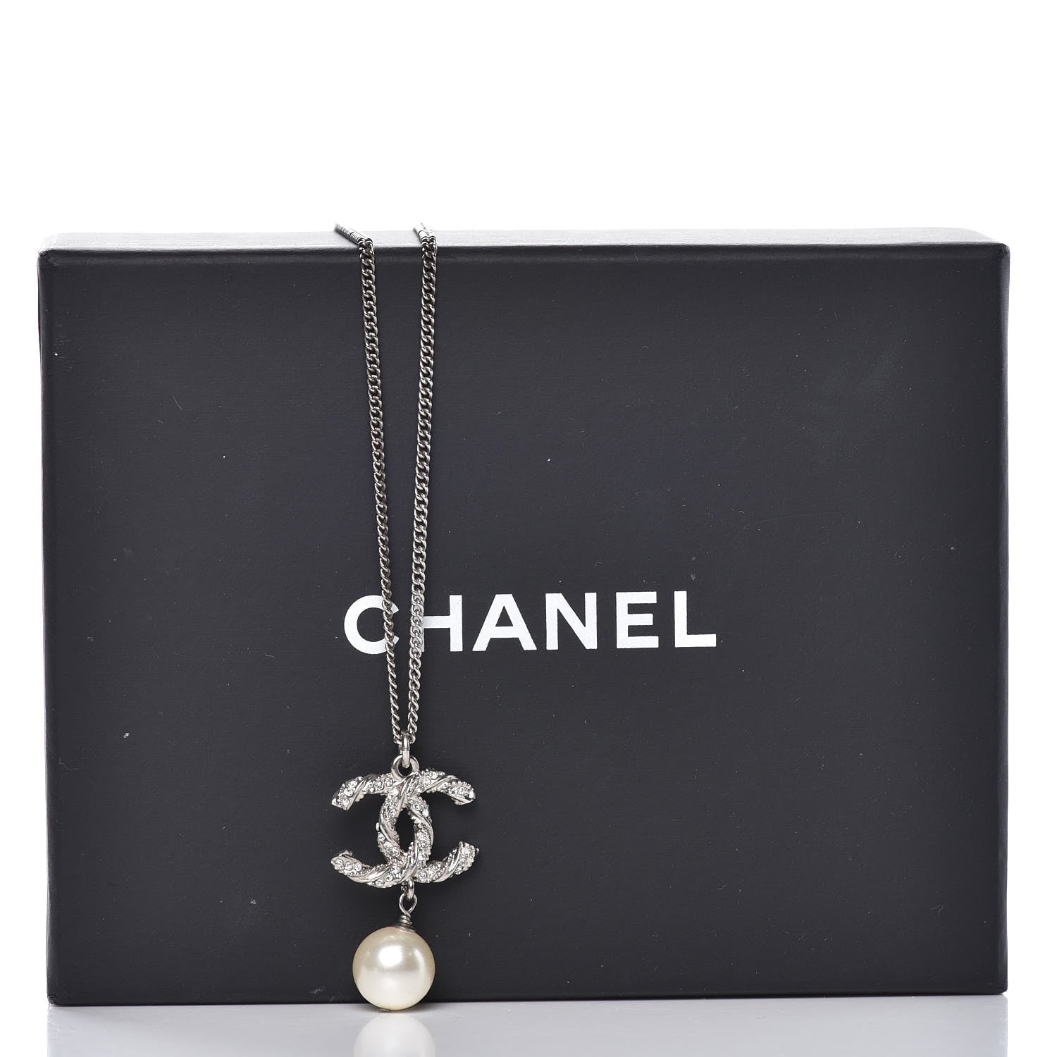 Chanel Pearl Crystal Twisted CC Drop Necklace Silver 6 of 6
