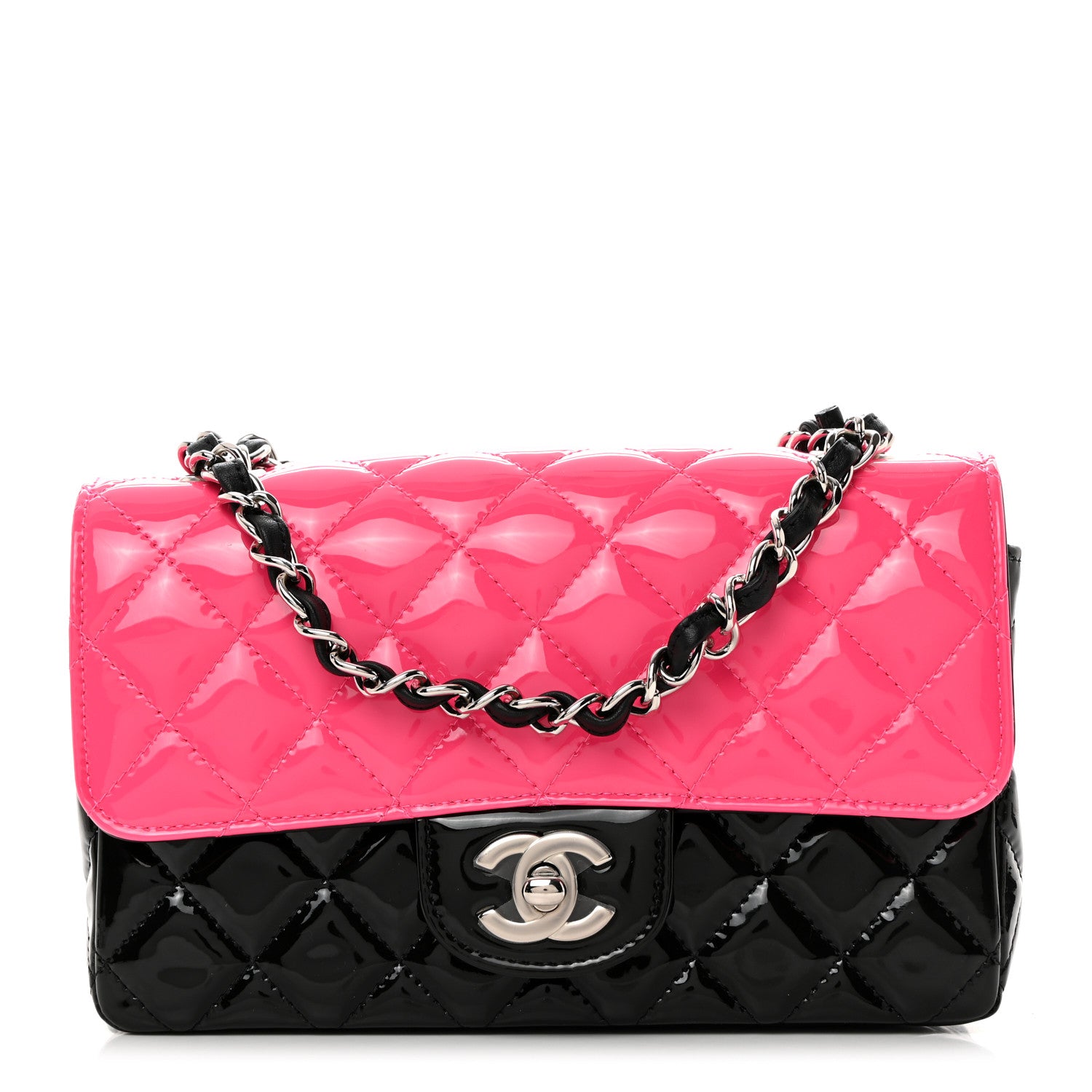 Chanel Patent Calfskin Quilted Bi-Color Mini Rectangular Flap Pink Black 1 of 10
