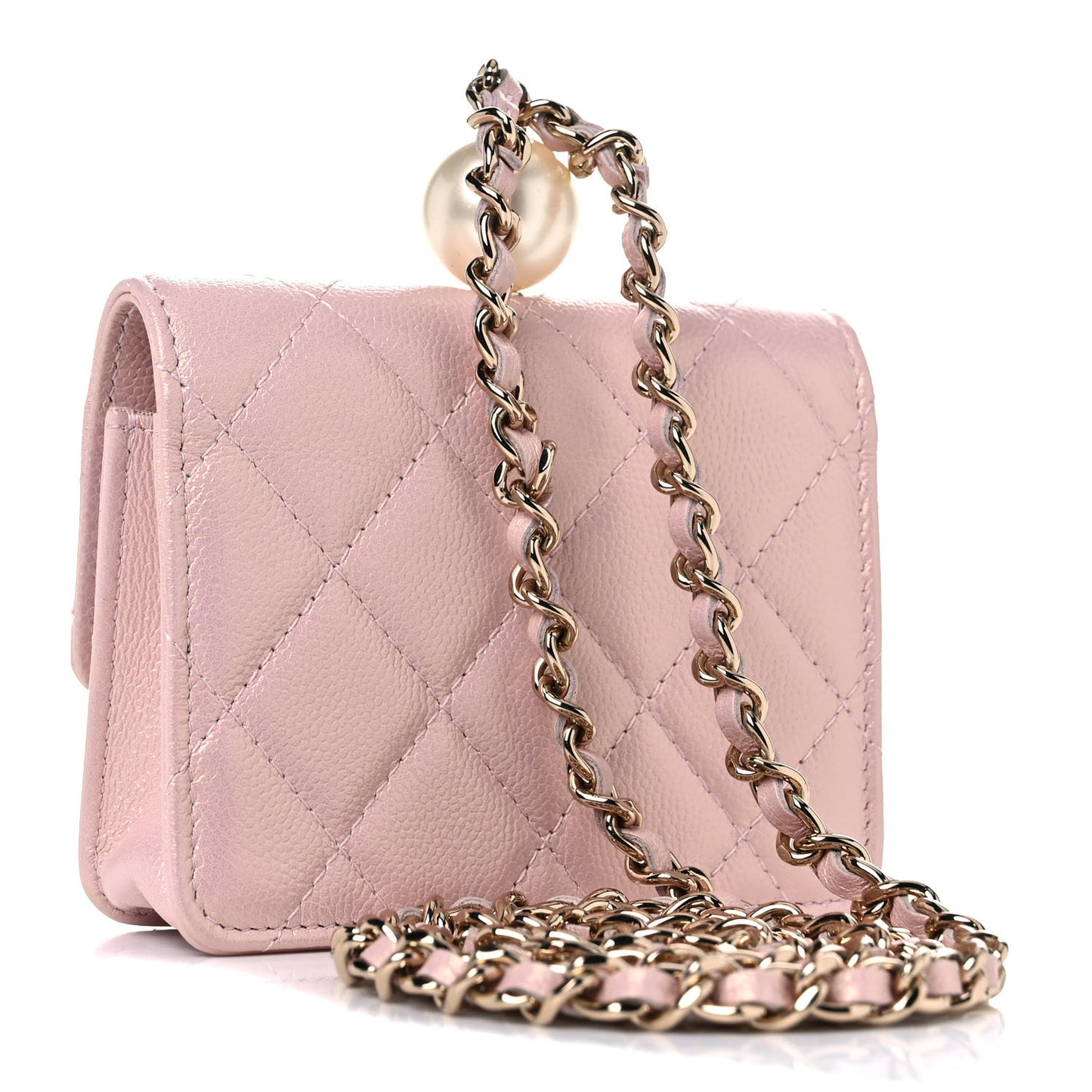 Iridescent Caviar Quilted Pearl On Top Coin Purse With Chain Light Pink