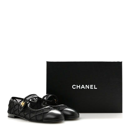 Chanel Lambskin Fabric Mesh Quilted Mary Jane Cap Toe Flats 37 Black 9 of 9