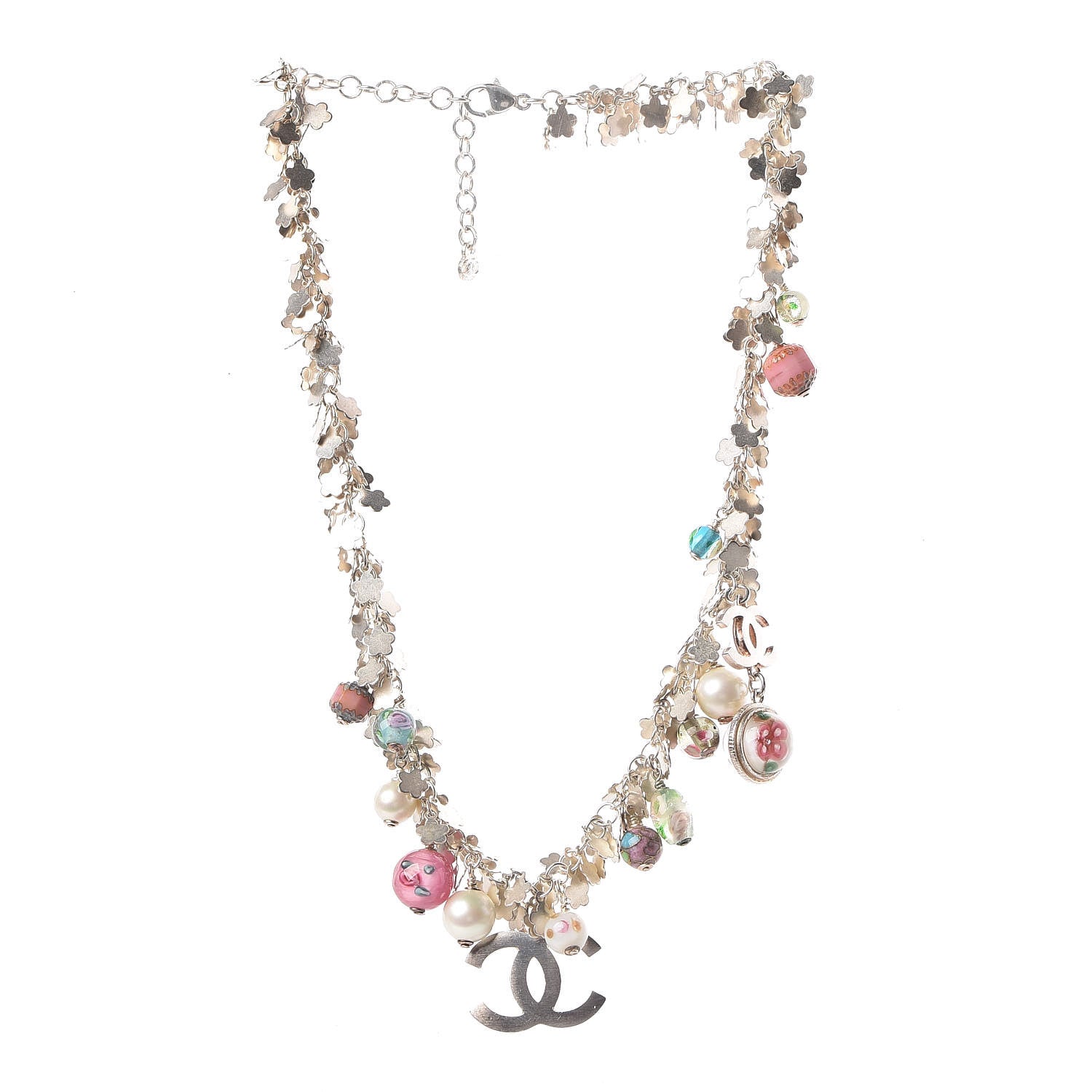 Chanel Pearl Enamel Bead CC Necklace Pink Silver 3 of 5