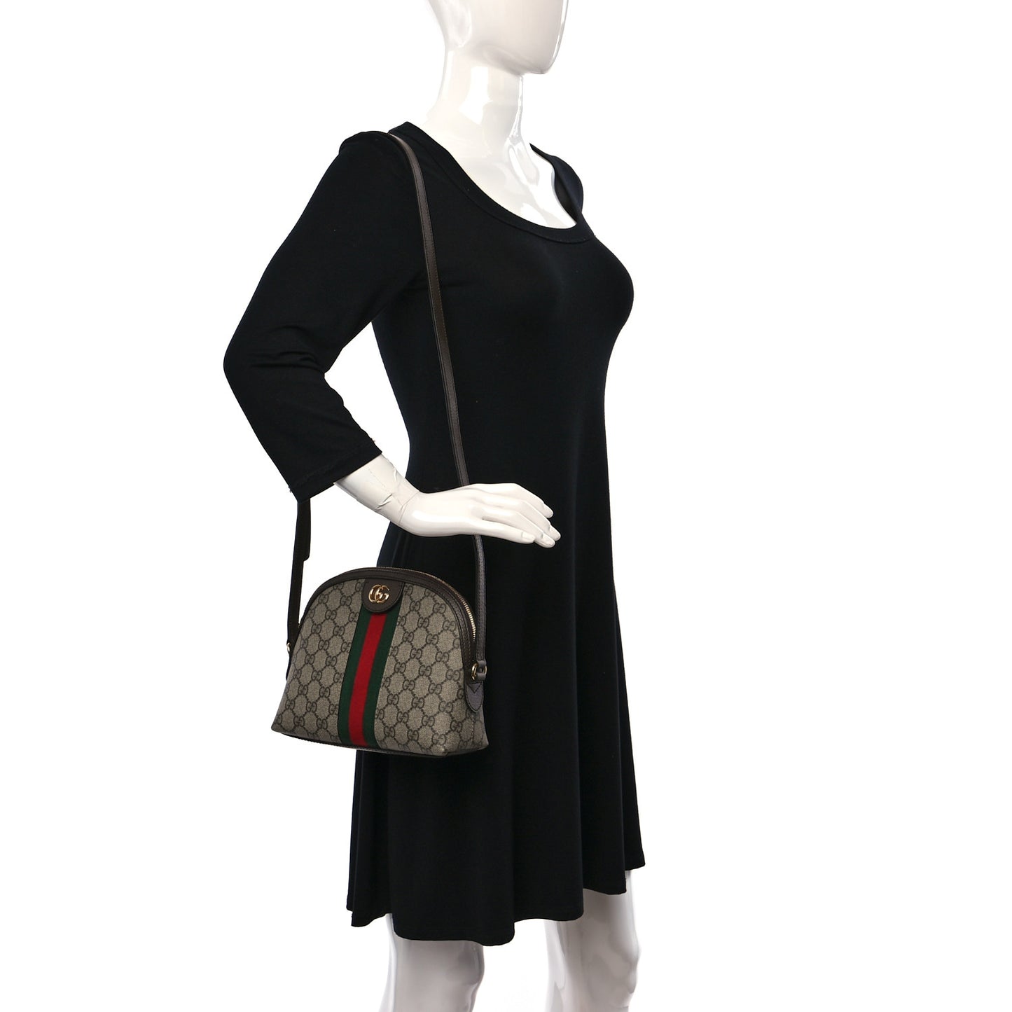 GG Supreme Monogram Textured Dollar Calfskin Web Small Ophidia Dome Shoulder Bag Beige Ebony New Acero