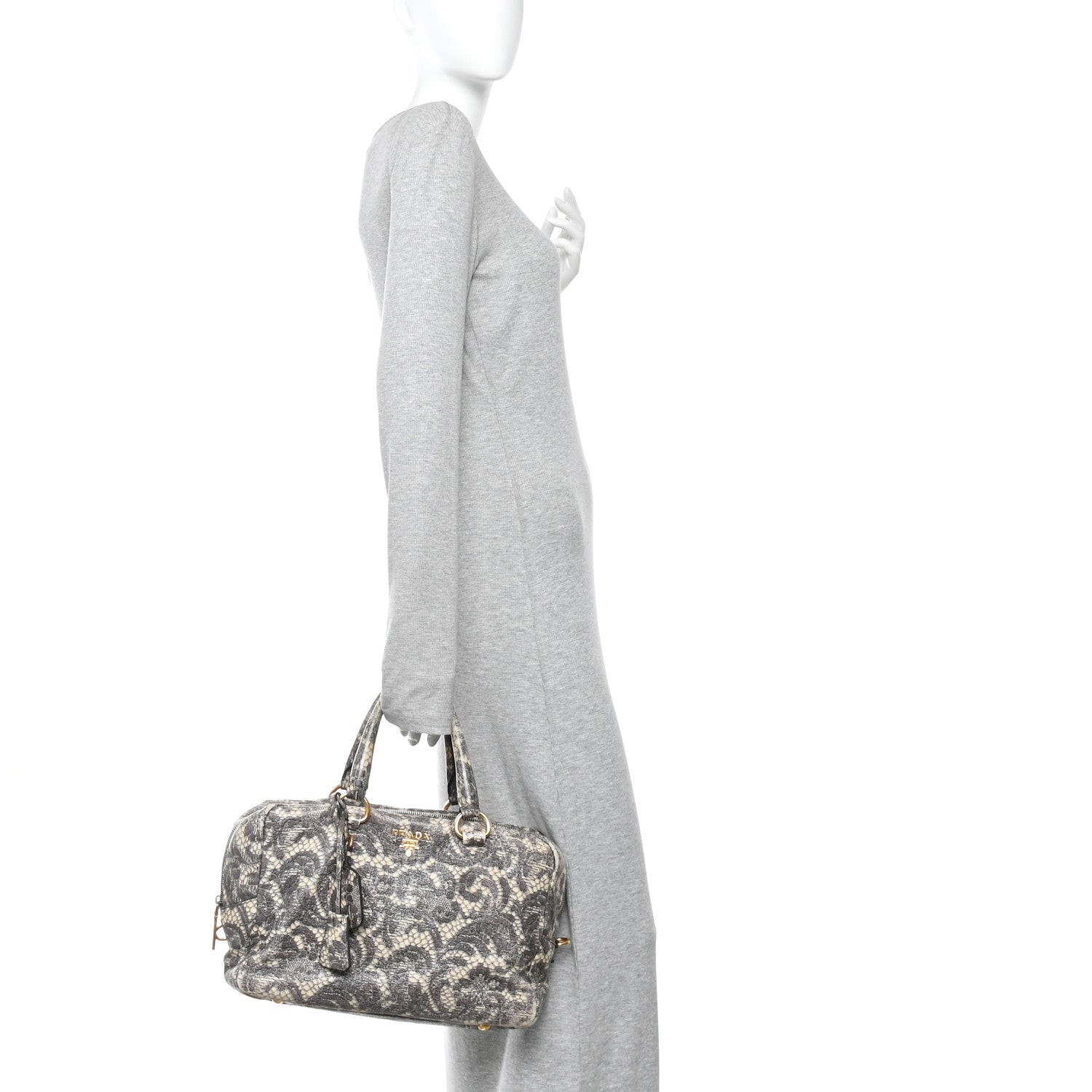 Prada Cervo Lux Print Lace Bauletto Bag Talco 2 of 13