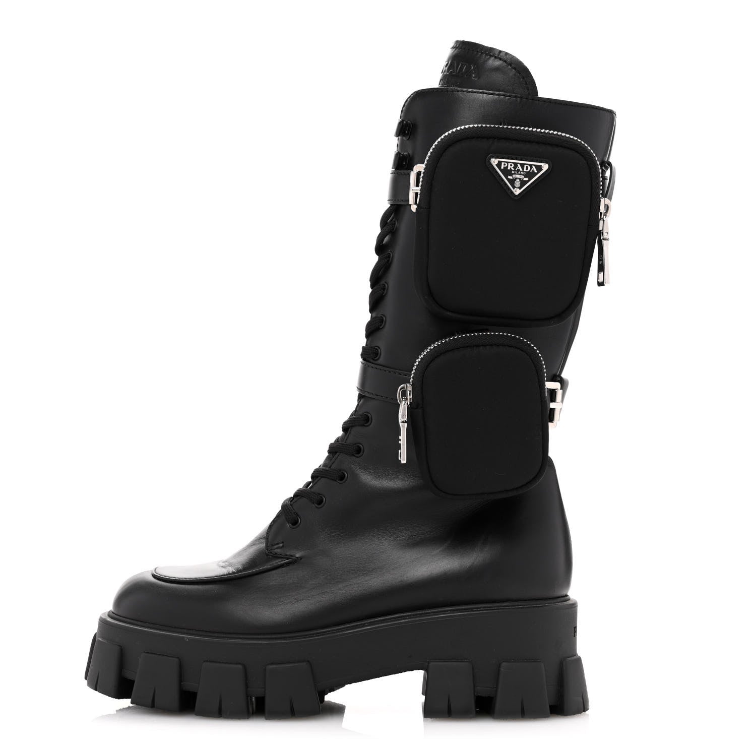 Prada Spazzolato Rois Re-Nylon Metal Triangle Logo Monolith Pouch Pocket 55mm Tall Combat Boots 38.5 Black 1 of 12