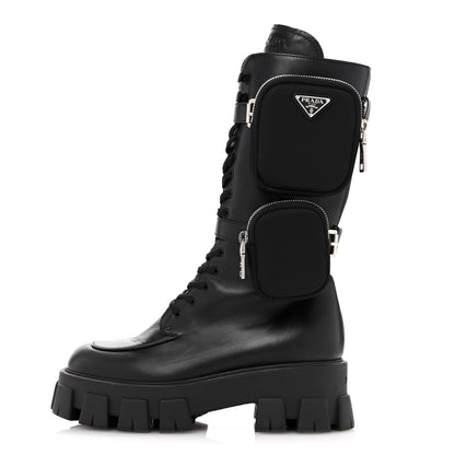 Prada Spazzolato Rois Re-Nylon Metal Triangle Logo Monolith Pouch Pocket 55mm Tall Combat Boots 38.5 Black 1 of 12