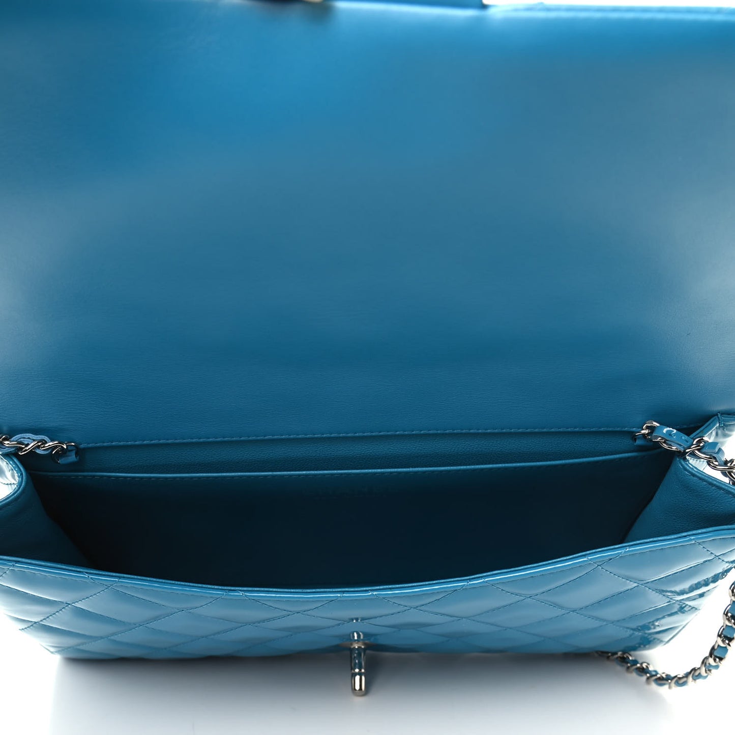 Patent Quilted Clutch with Chain Flap Blue