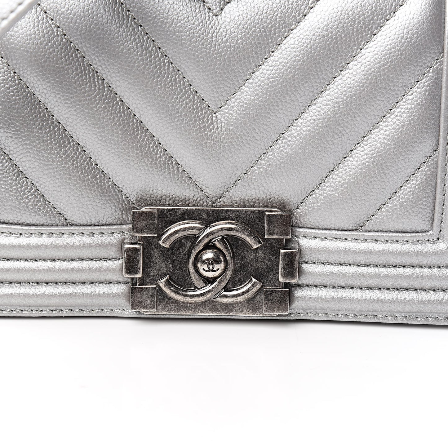 Metallic Caviar Chevron Quilted Small Boy Flap Silver