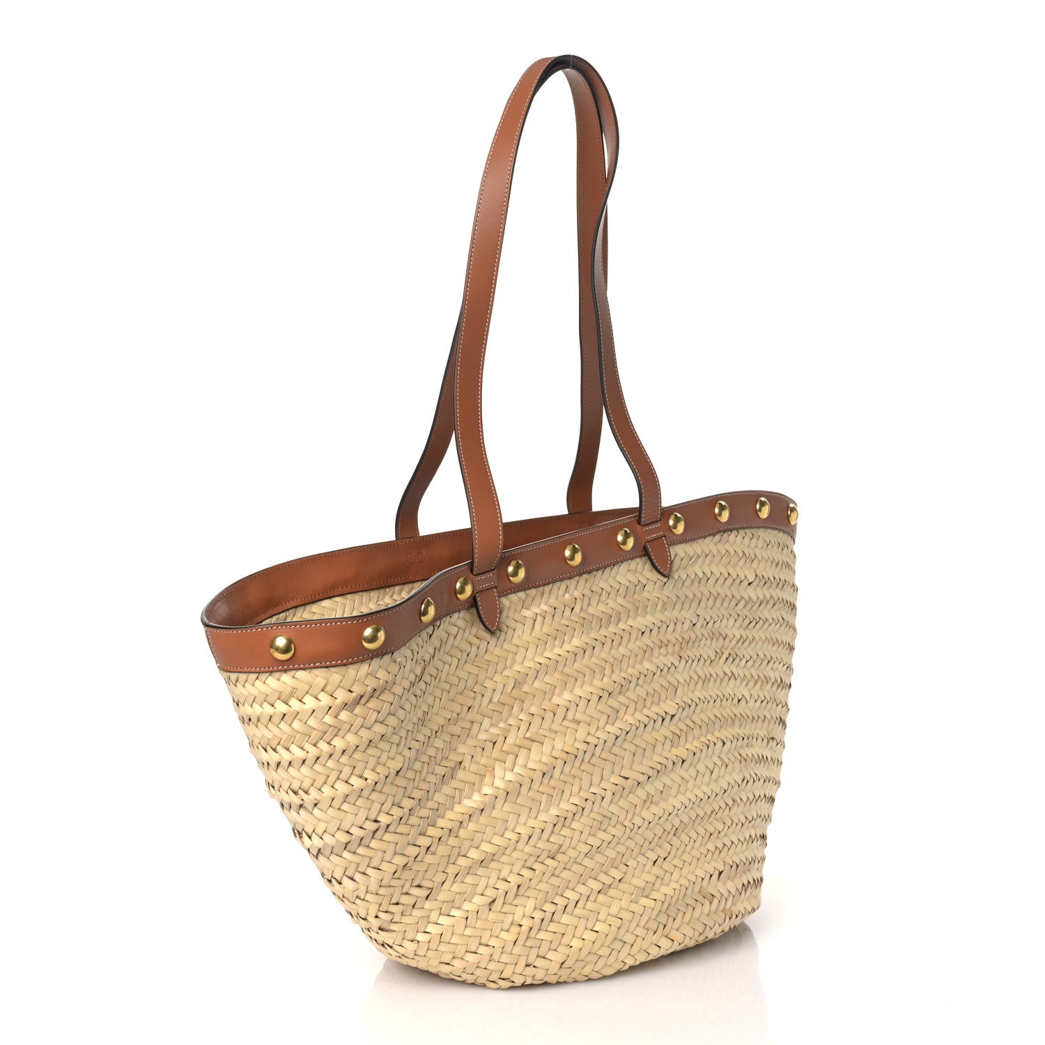 Celine Raffia Calfskin Studs Basket Shoulder Bag Tote Tan 3 of 9